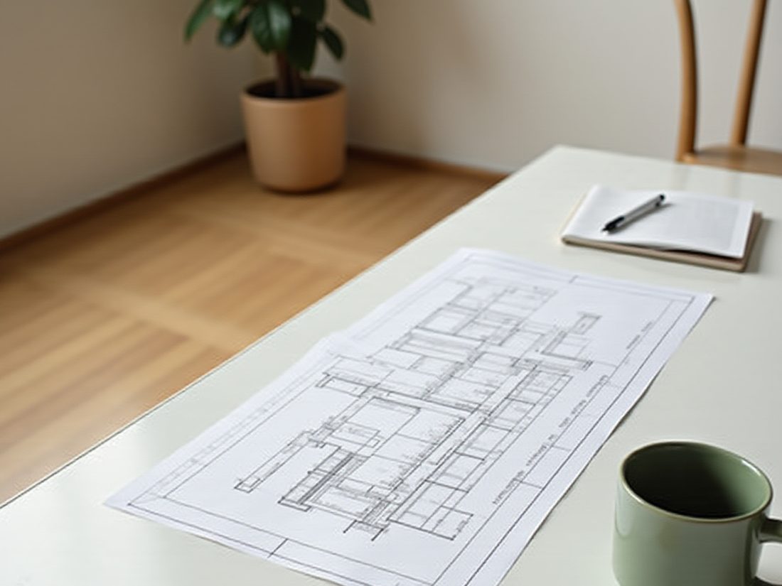 Property floorplans laid out on a desk during scheme design